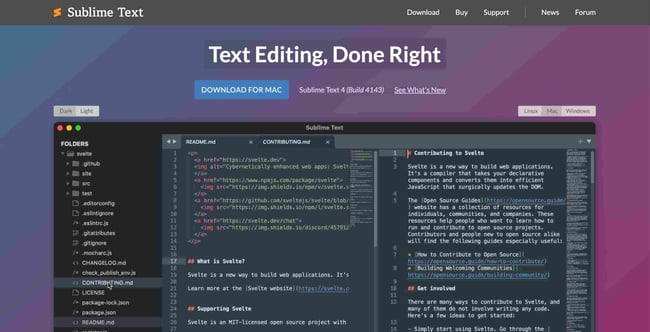 backend tools:  SublimeText is a beautiful, lightweight application for programming front-end and back-end projects. image shows sublime text homepage. 